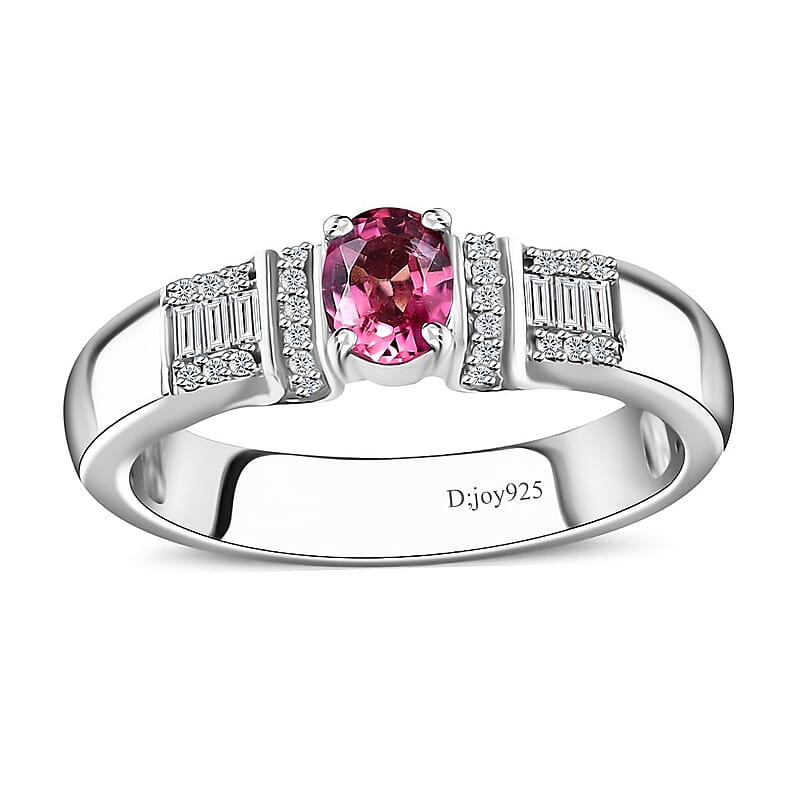 Ofiki Rubellite and White Zircon Ring in Platinum Over Sterling Silver (Size 10.0) 0.65 ctw