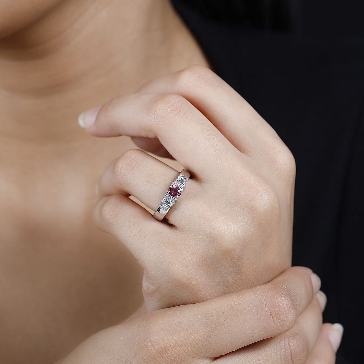 Ofiki Rubellite and White Zircon Ring in Platinum Over Sterling Silver (Size 7.0) 0.65 ctw image number 2