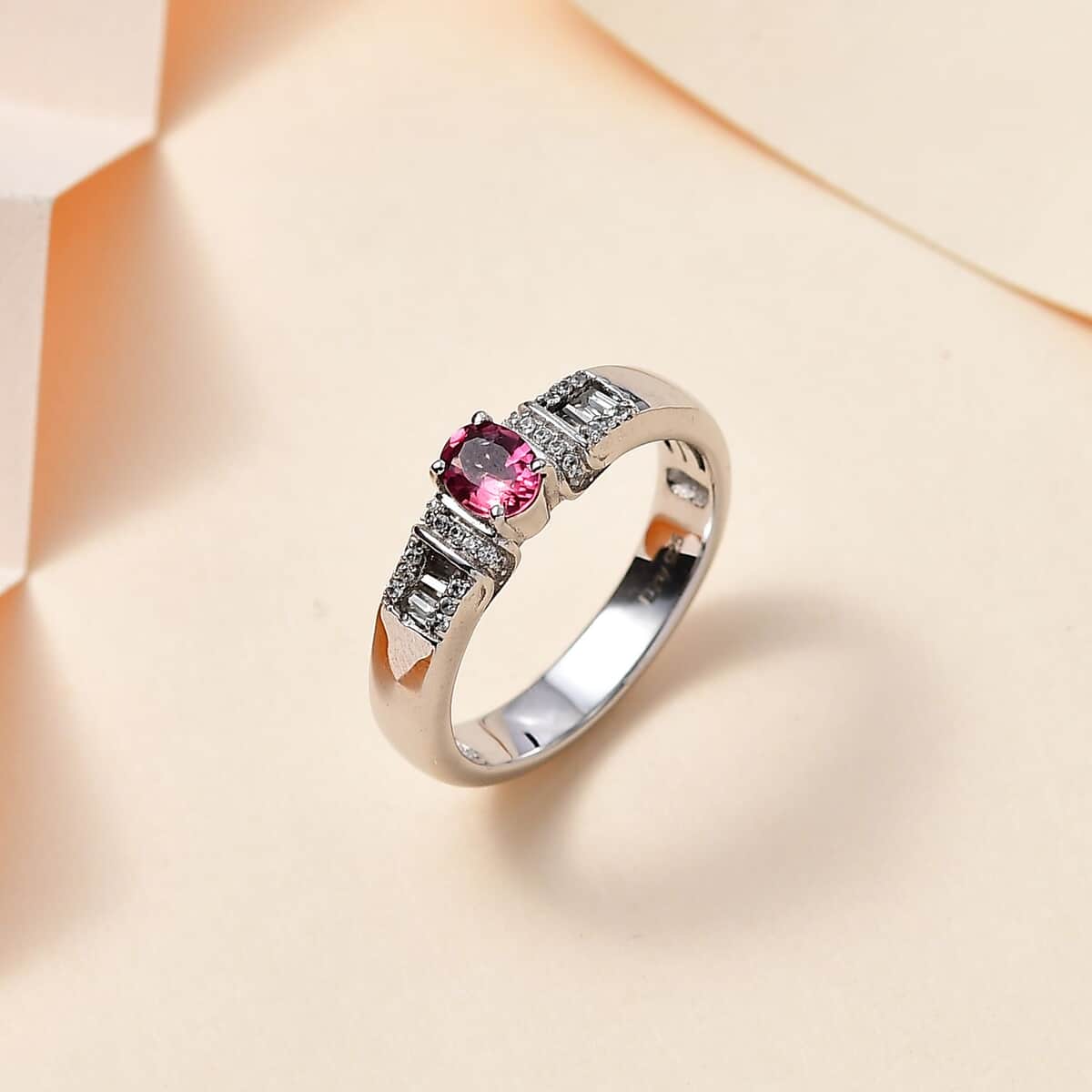 Ofiki Rubellite and White Zircon Ring in Platinum Over Sterling Silver (Size 8.0) 0.65 ctw image number 1