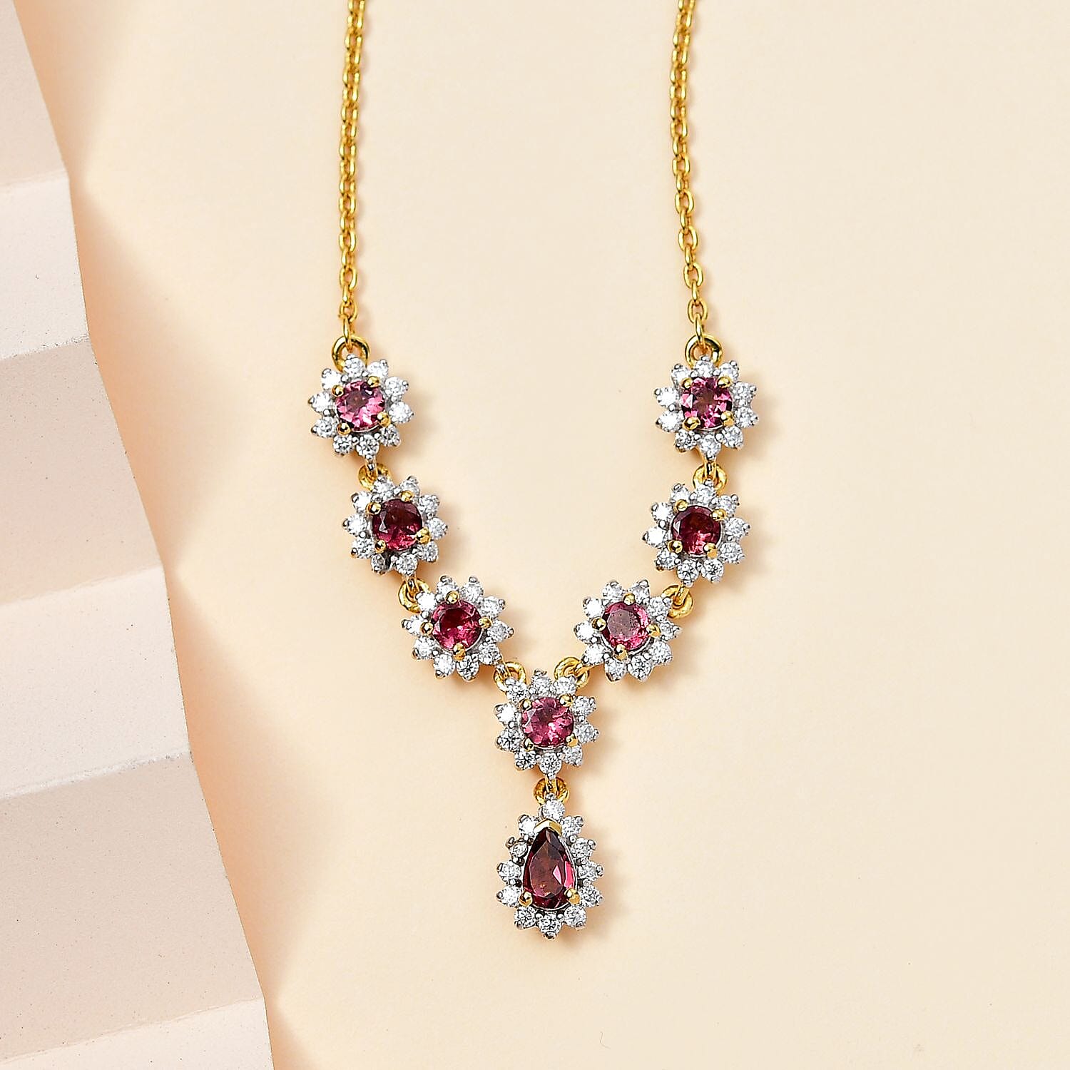 D'Joy Ofiki Rubellite and Moissanite Necklace 18-20 Inches in Vermeil Yellow Gold Over Sterling Silver 2.00 ctw