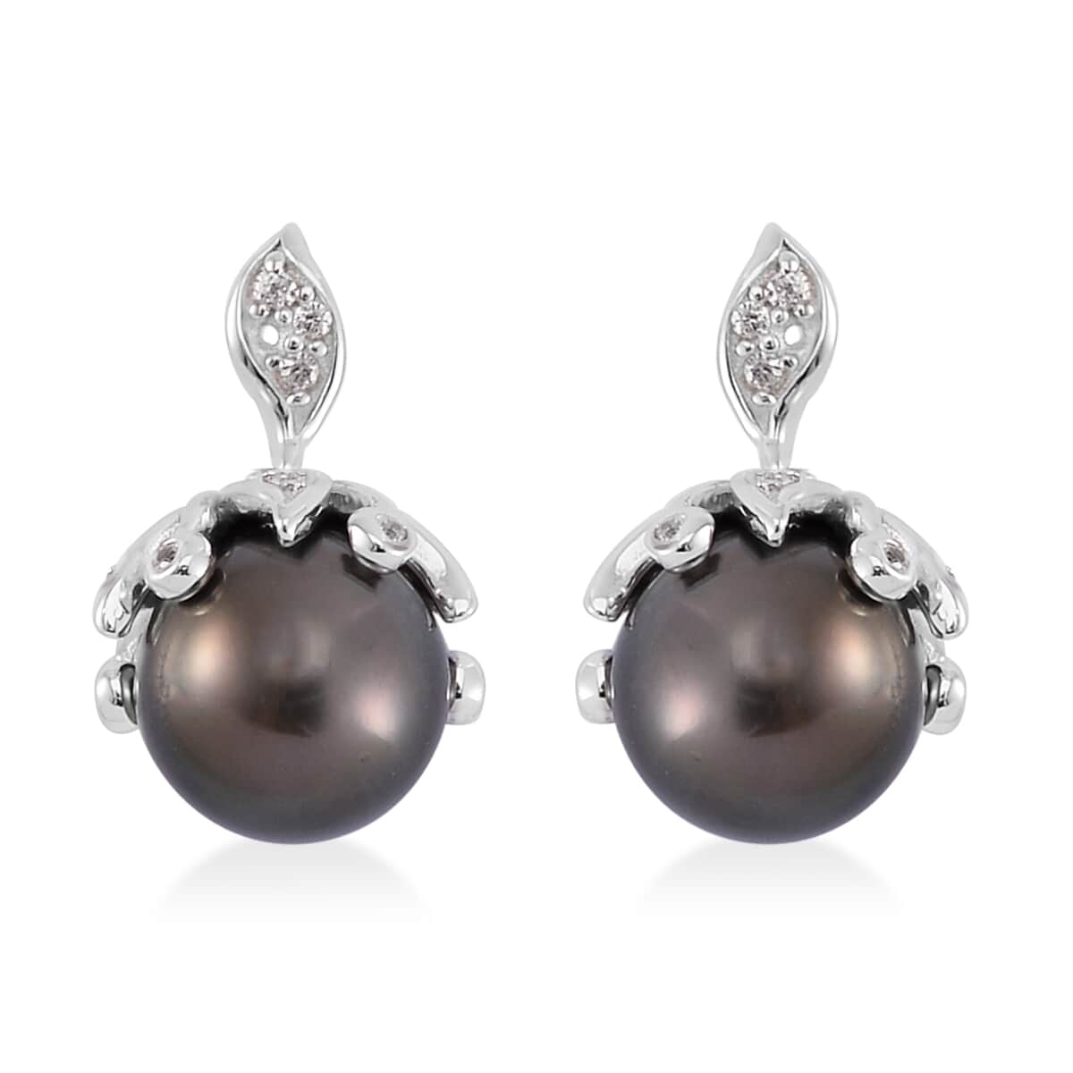 Tahitian Cultured Pearl 8-9mm and White Zircon Bell Floral Earrings in Rhodium Over Sterling Silver 0.40 ctw image number 0