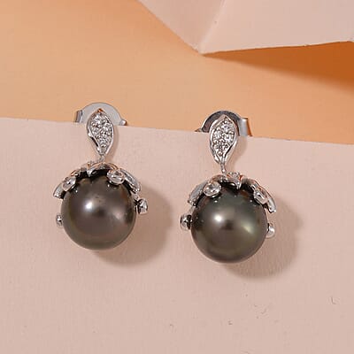Tahitian Cultured Pearl 8-9mm and White Zircon Bell Floral Earrings in Rhodium Over Sterling Silver 0.40 ctw