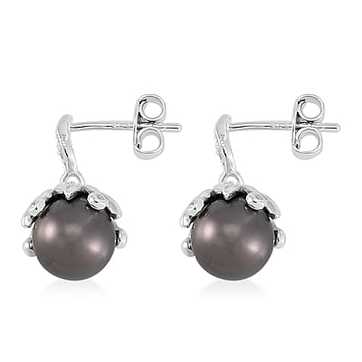 Tahitian Cultured Pearl 8-9mm and White Zircon Bell Floral Earrings in Rhodium Over Sterling Silver 0.40 ctw