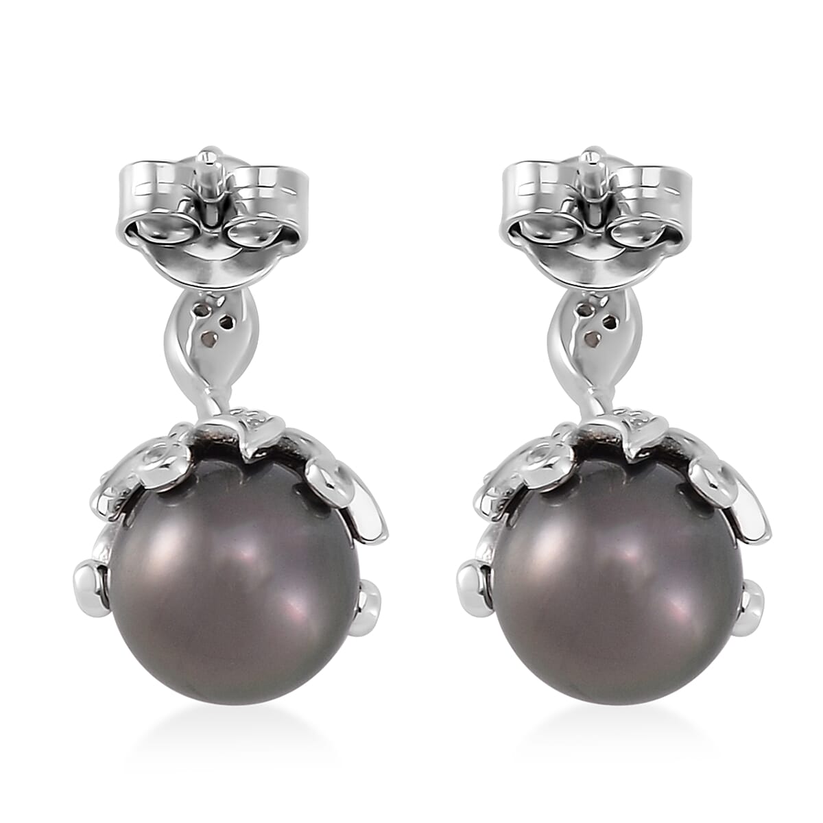 Tahitian Cultured Pearl 8-9mm and White Zircon Bell Floral Earrings in Rhodium Over Sterling Silver 0.40 ctw