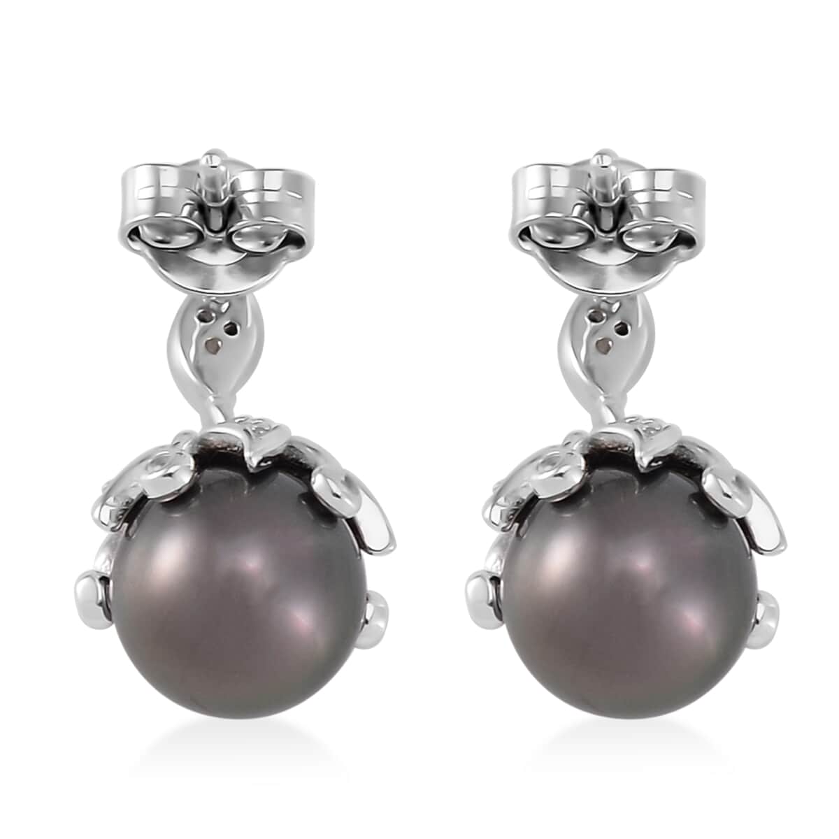 Tahitian Cultured Pearl 8-9mm and White Zircon Bell Floral Earrings in Rhodium Over Sterling Silver 0.40 ctw image number 4
