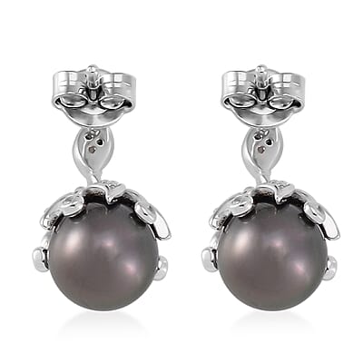Tahitian Cultured Pearl 8-9mm and White Zircon Bell Floral Earrings in Rhodium Over Sterling Silver 0.40 ctw