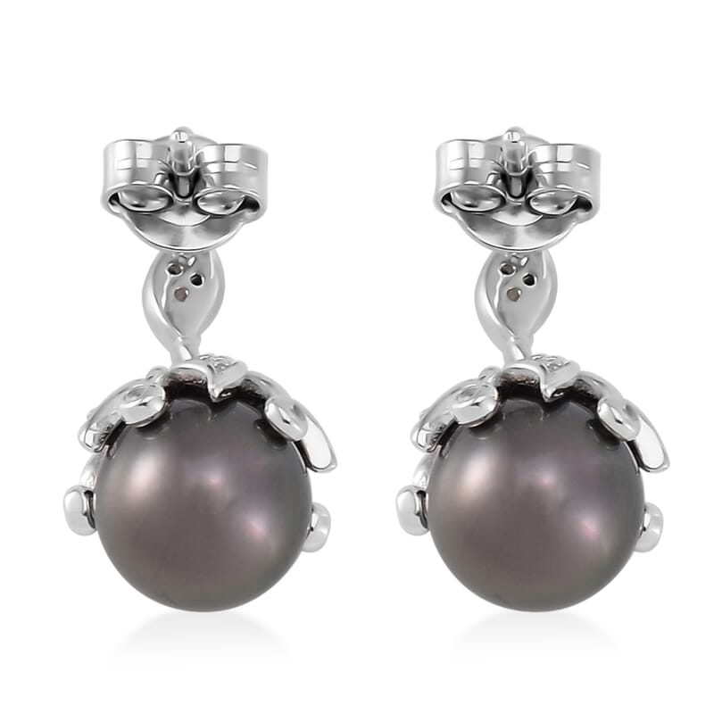 Tahitian Cultured Pearl 8-9mm and White Zircon Bell Floral Earrings in Rhodium Over Sterling Silver 0.40 ctw