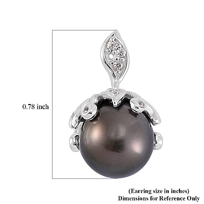 Tahitian Cultured Pearl 8-9mm and White Zircon Bell Floral Earrings in Rhodium Over Sterling Silver 0.40 ctw