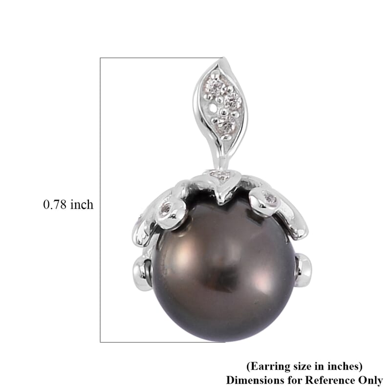 Tahitian Cultured Pearl 8-9mm and White Zircon Bell Floral Earrings in Rhodium Over Sterling Silver 0.40 ctw