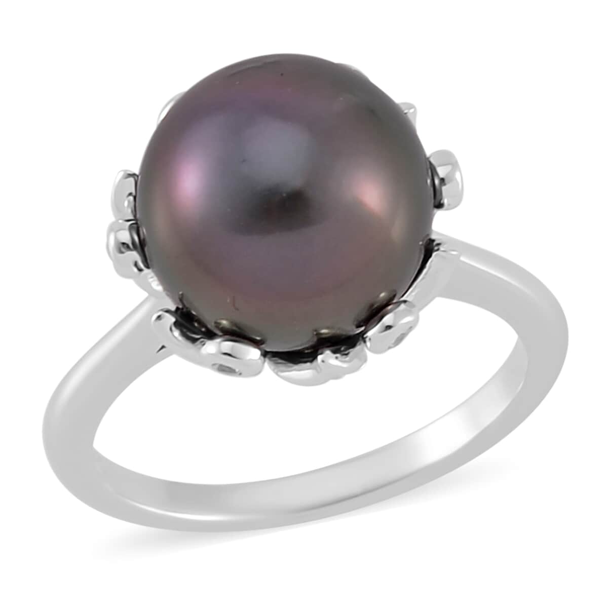 Tahitian Cultured Pearl and White Zircon Bell Floral Ring in Rhodium Over Sterling Silver (Size 10.0) 0.40 ctw image number 0