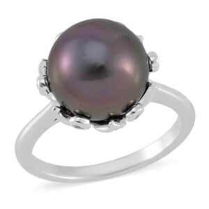 Tahitian Cultured Pearl and White Zircon Bell Floral Ring in Rhodium Over Sterling Silver (Size 10.0) 0.40 ctw