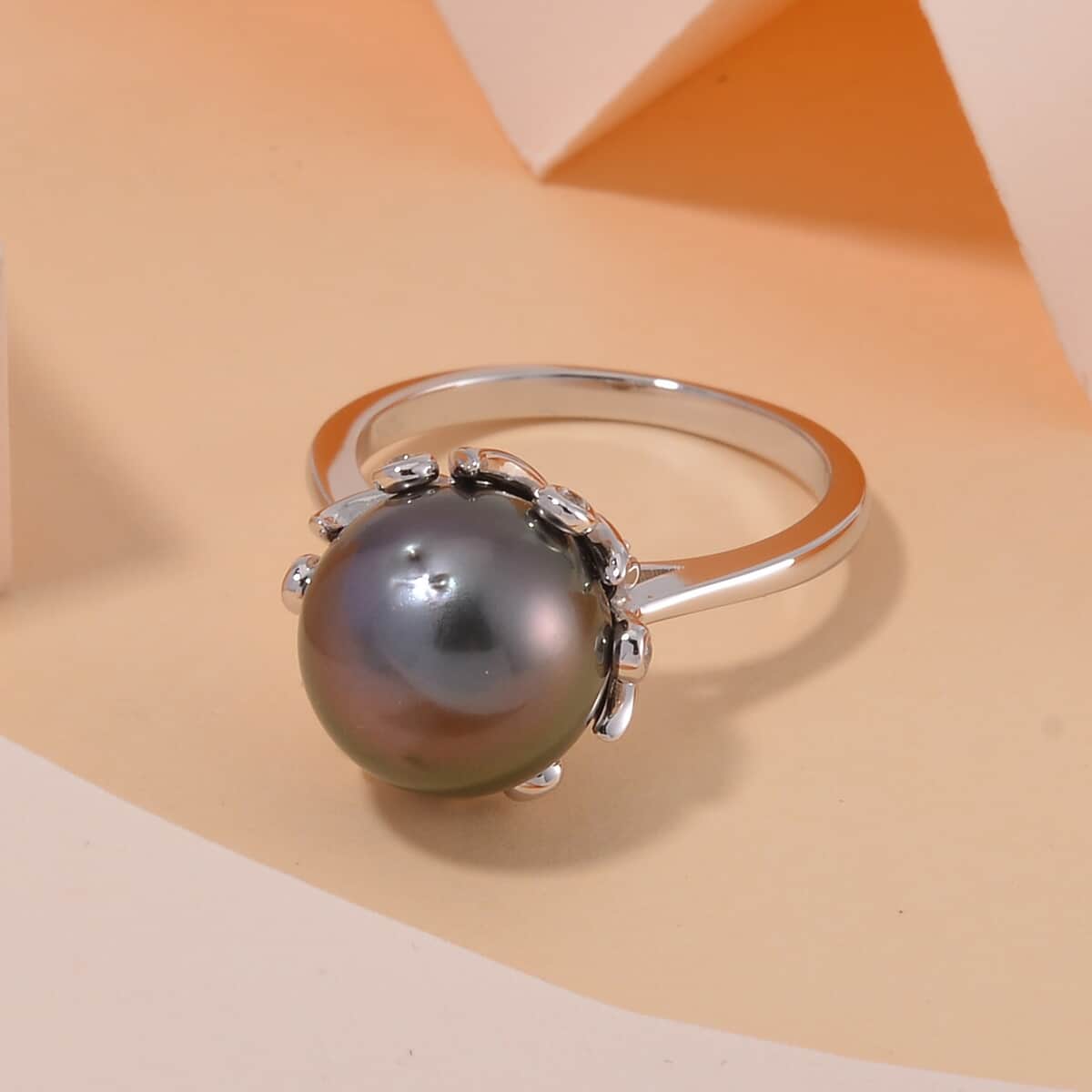 Tahitian Cultured Pearl and White Zircon Bell Floral Ring in Rhodium Over Sterling Silver (Size 10.0) 0.40 ctw image number 1