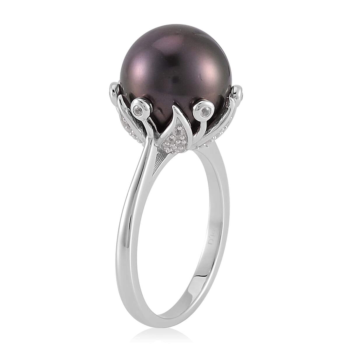Tahitian Cultured Pearl and White Zircon Bell Floral Ring in Rhodium Over Sterling Silver (Size 10.0) 0.40 ctw