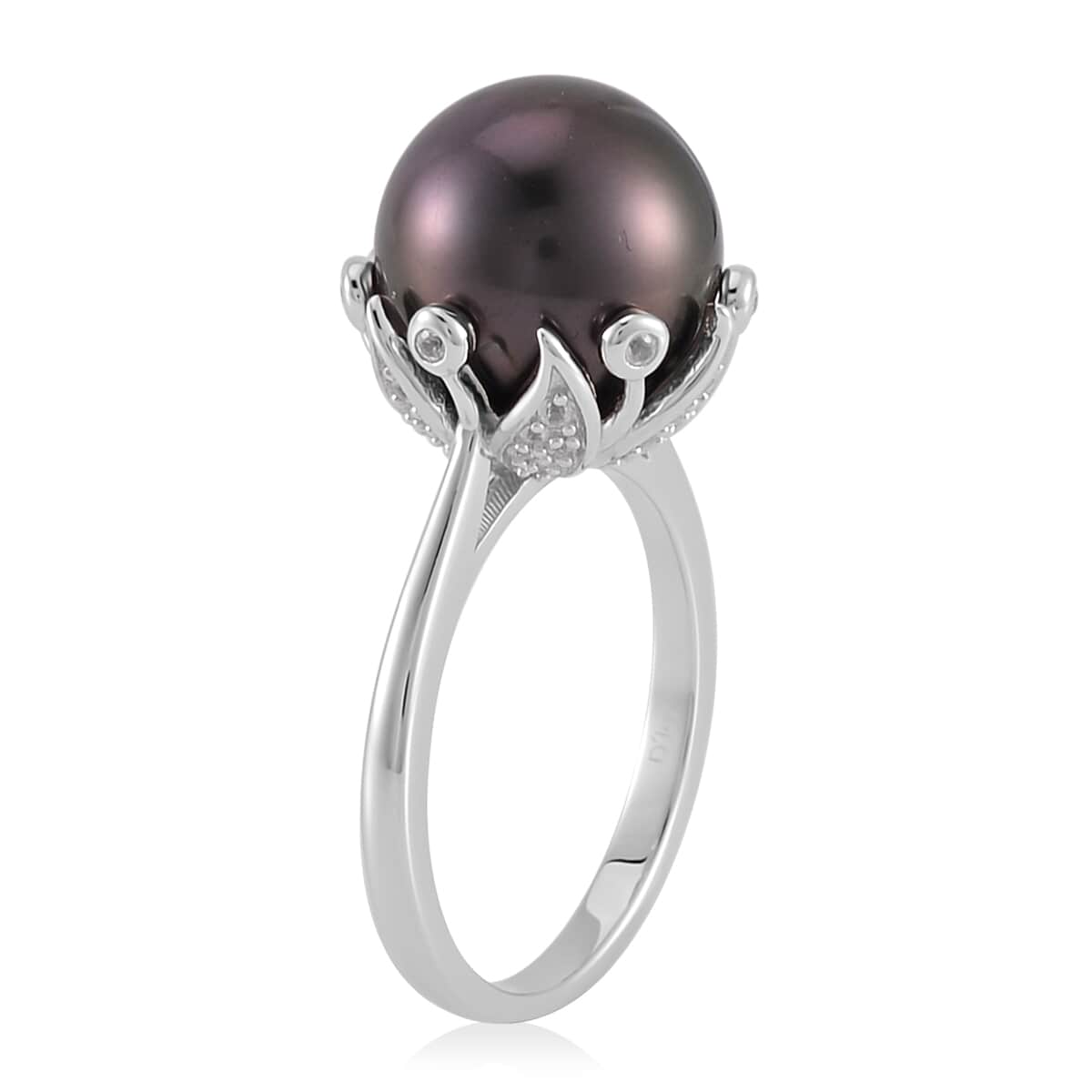 Tahitian Cultured Pearl and White Zircon Bell Floral Ring in Rhodium Over Sterling Silver (Size 10.0) 0.40 ctw image number 3