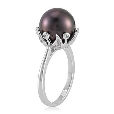 Tahitian Cultured Pearl and White Zircon Bell Floral Ring in Rhodium Over Sterling Silver (Size 10.0) 0.40 ctw