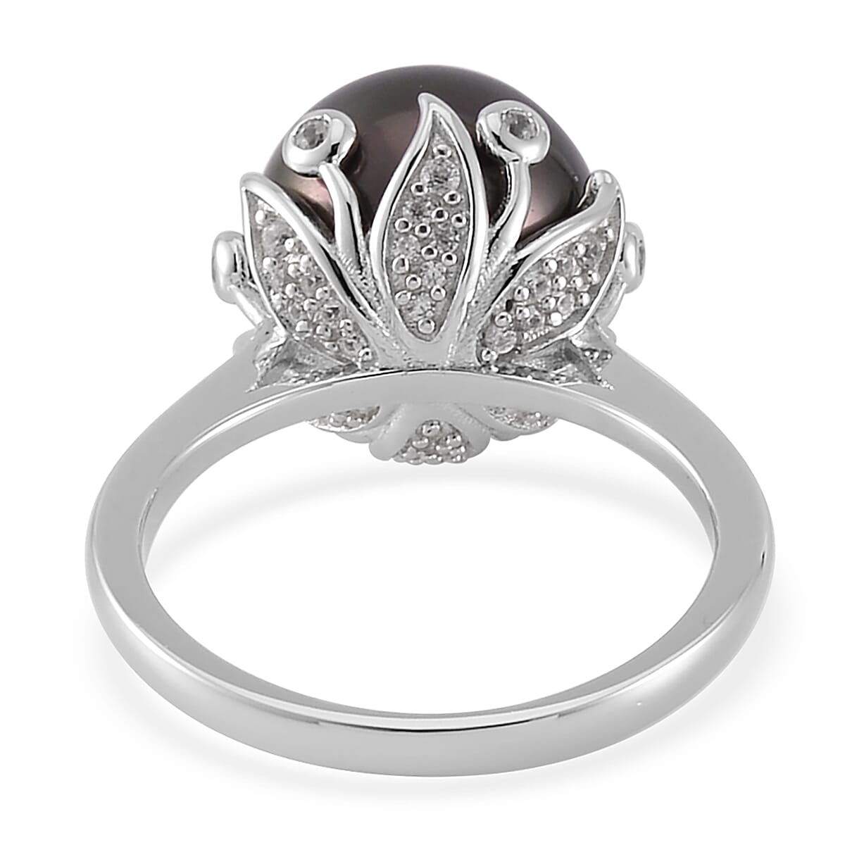 Tahitian Cultured Pearl and White Zircon Bell Floral Ring in Rhodium Over Sterling Silver (Size 10.0) 0.40 ctw