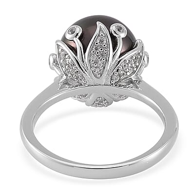 Tahitian Cultured Pearl and White Zircon Bell Floral Ring in Rhodium Over Sterling Silver (Size 10.0) 0.40 ctw
