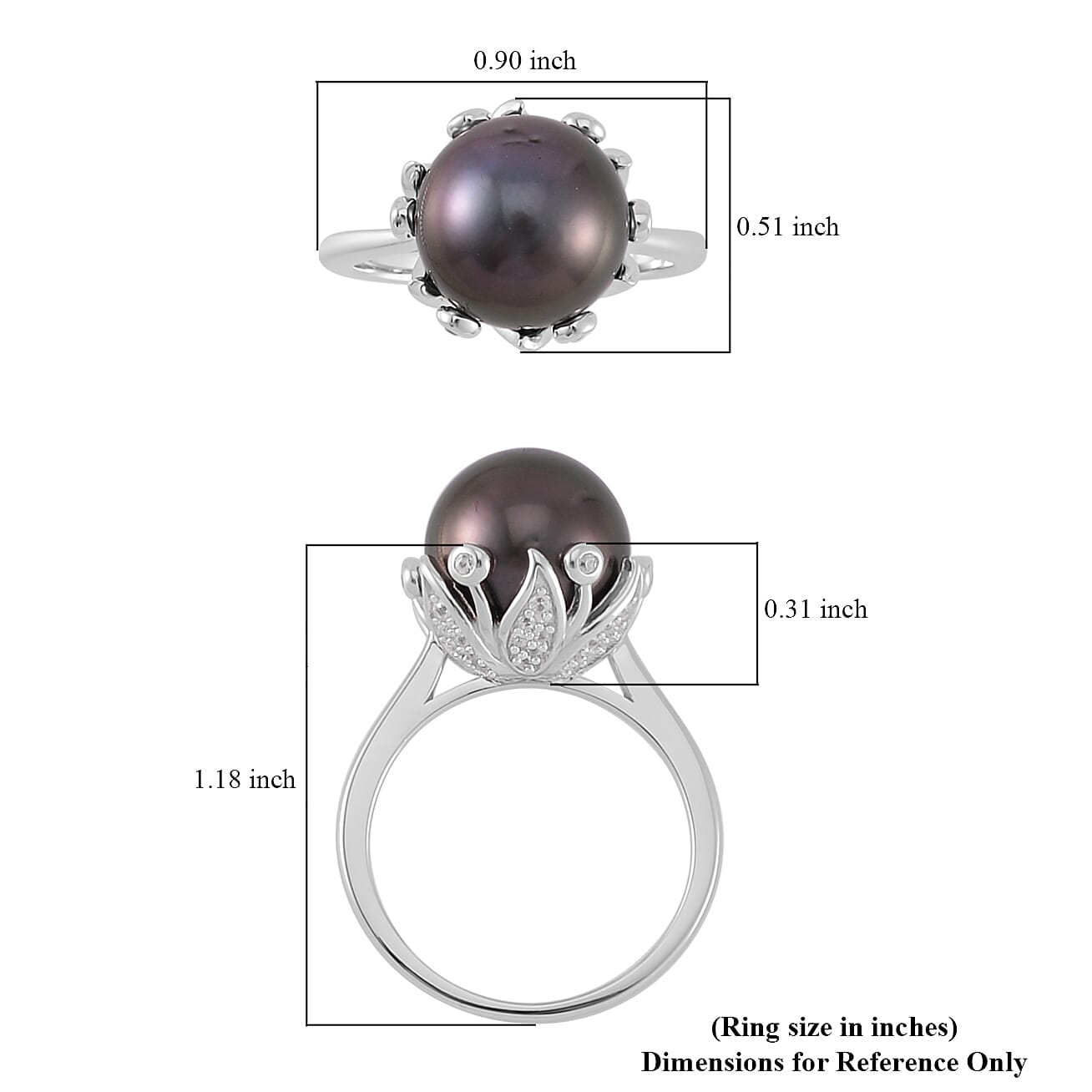 Tahitian Cultured Pearl and White Zircon Bell Floral Ring in Rhodium Over Sterling Silver (Size 10.0) 0.40 ctw