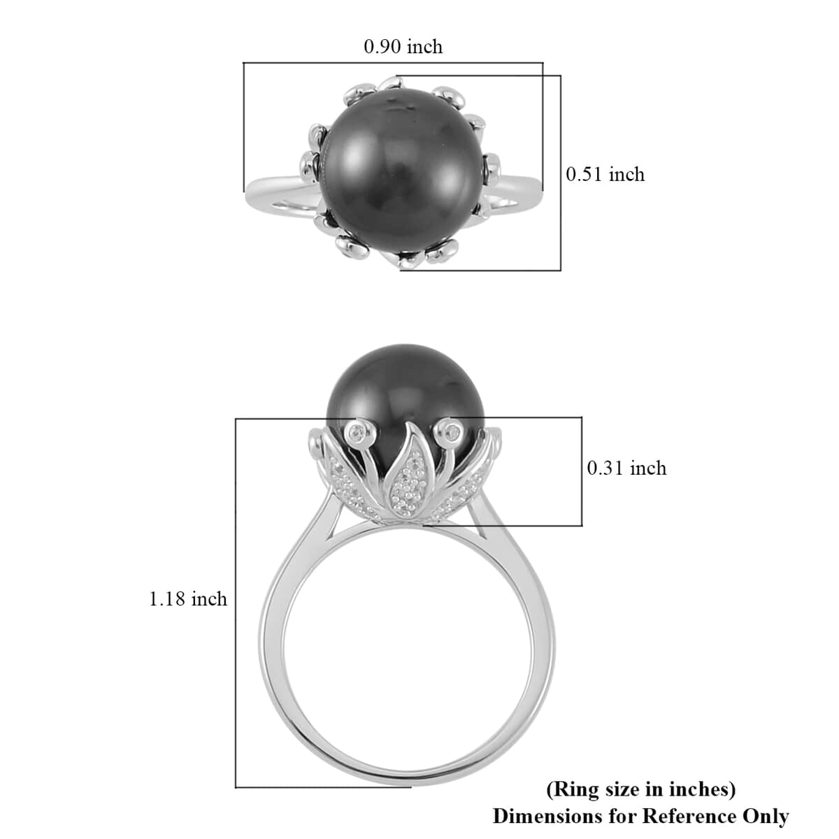 One Time Only Tahitian Cultured Pearl 11-12mm, White Zircon Ring in Rhodium Over Sterling Silver (Size 10.0) 0.40 ctw image number 5