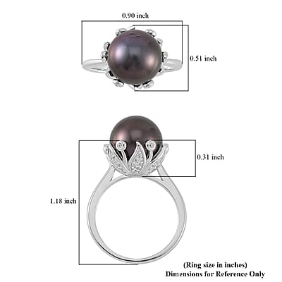 Tahitian Cultured Pearl and White Zircon Bell Floral Ring in Rhodium Over Sterling Silver (Size 10.0) 0.40 ctw