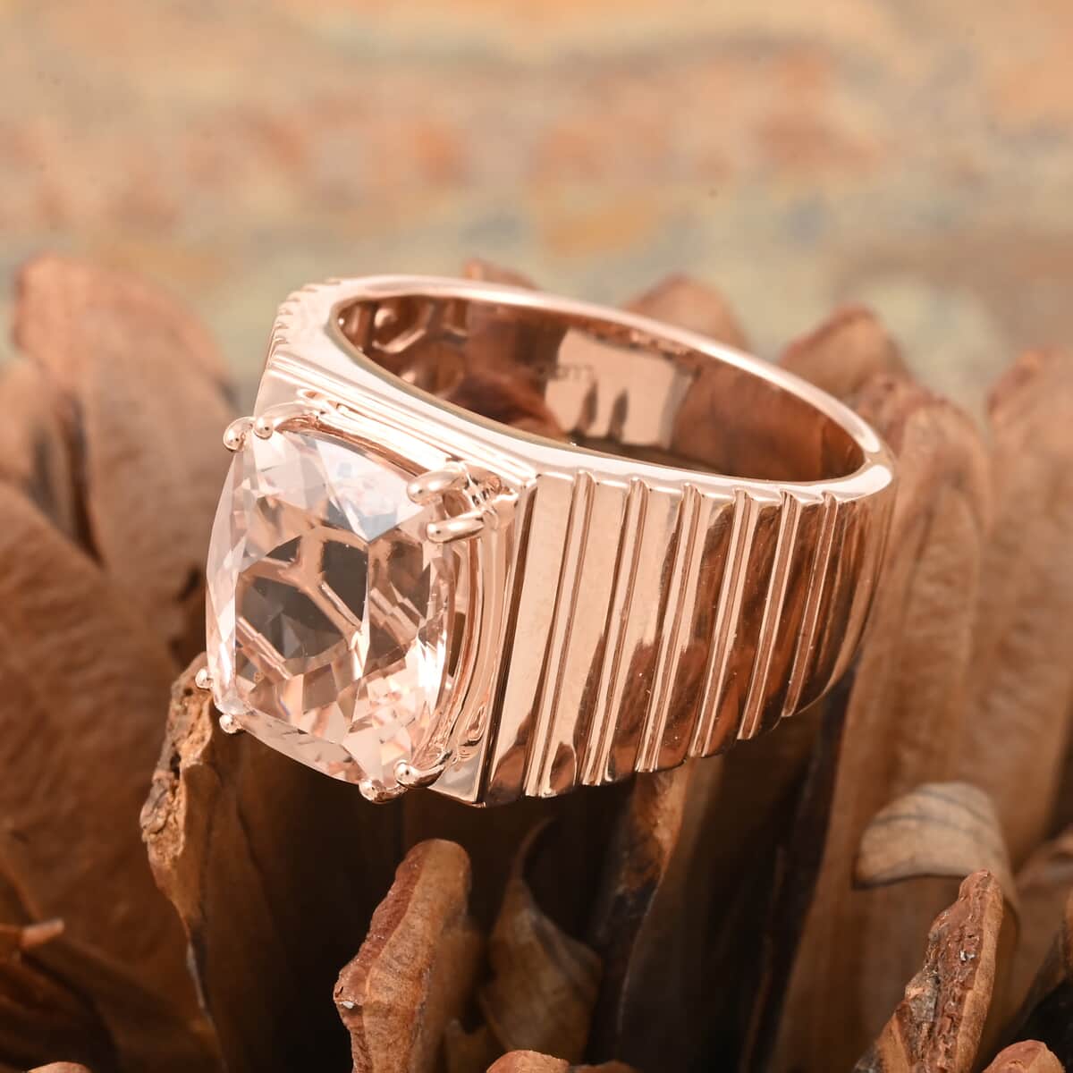 Luxoro 10K Rose Gold AAA Marropino Morganite and G-H I2 Diamond Men's Ring (Size 8.0) 8.15 Grams 4.65 ctw image number 1