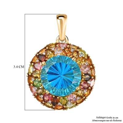 Blue Triplet Quartz and Multi Gemstone 16.09 ctw Pendant in Vermeil YG Over Sterling Silver