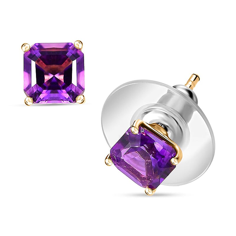 Asscher Cut Premium Moroccan Amethyst Solitaire Stud Earrings in Vermeil Yellow Gold Over Sterling Silver 2.25 ctw