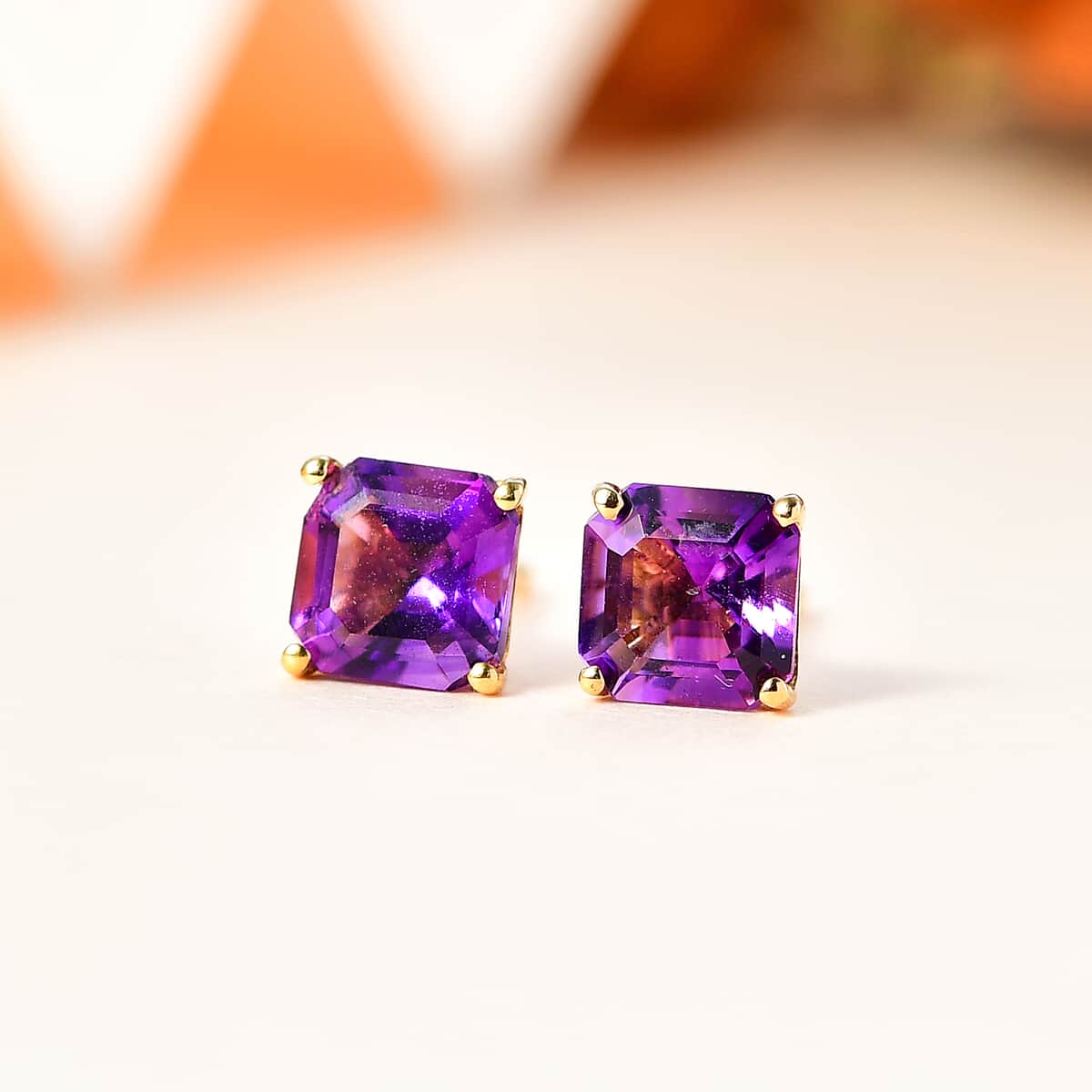 Asscher Cut Premium Moroccan Amethyst Solitaire Stud Earrings in Vermeil Yellow Gold Over Sterling Silver 2.25 ctw image number 1