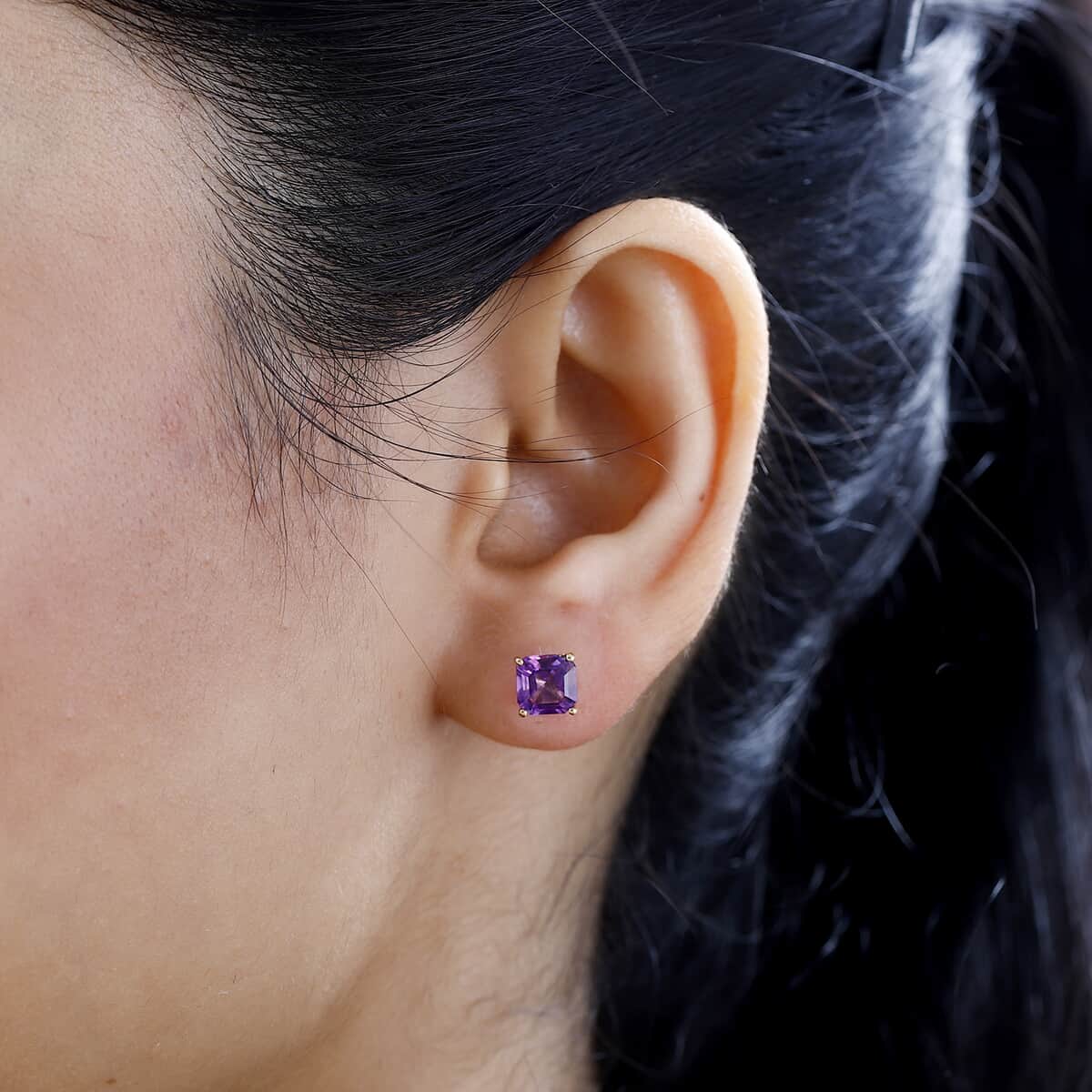 Asscher Cut Premium Moroccan Amethyst Solitaire Stud Earrings in Vermeil YG Over Sterling Silver 2.25 ctw image number 2