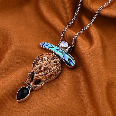 Sajen Silver Picture Jasper and Multi Gemstone Pendant in Sterling Silver 44.80 ctw