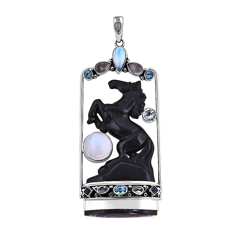 Sajen Silver Rainbow Obsidian Carved and Multi Gemstone Horse Pendant in Sterling Silver 80.90 ctw