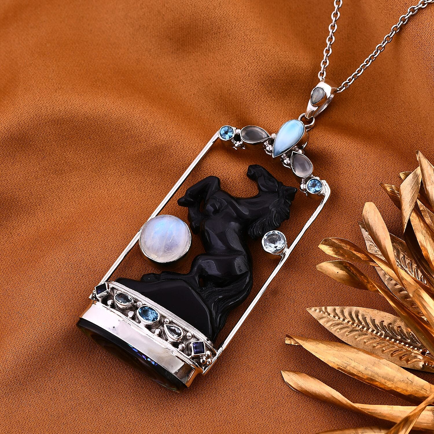 Sajen Silver Rainbow Obsidian Carved and Multi Gemstone Horse Pendant in Sterling Silver 80.90 ctw