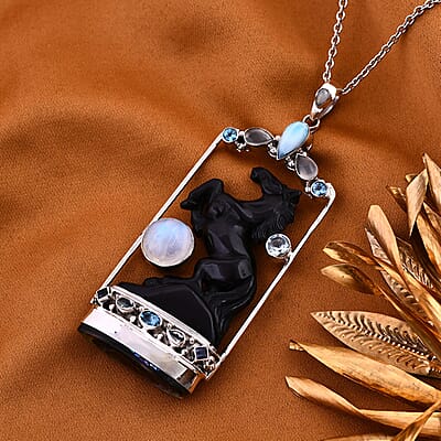 Sajen Silver Rainbow Obsidian Carved and Multi Gemstone Horse Pendant in Sterling Silver 80.90 ctw