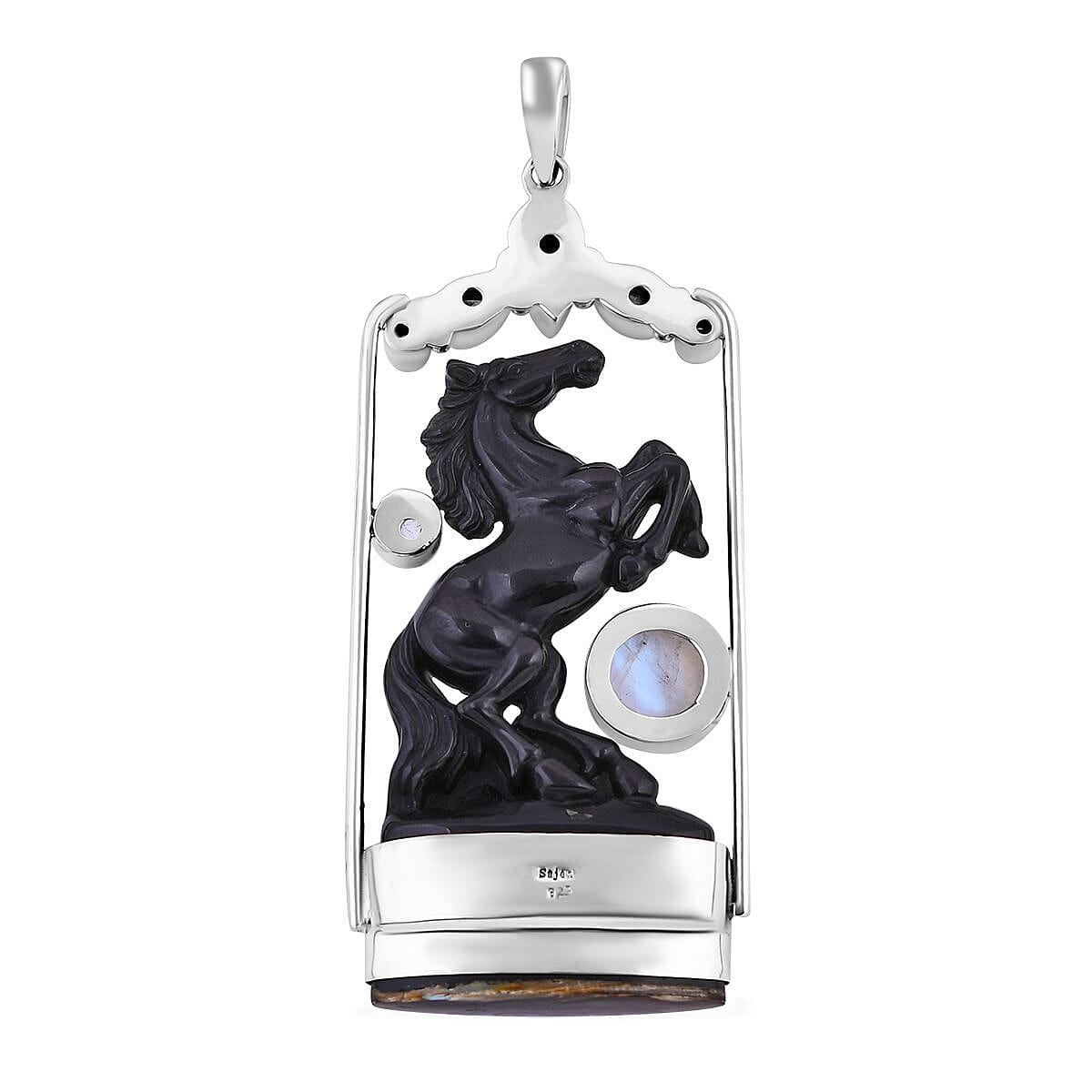 Sajen Silver Rainbow Obsidian Carved and Multi Gemstone Horse Pendant in Sterling Silver 80.90 ctw