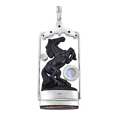Sajen Silver Rainbow Obsidian Carved and Multi Gemstone Horse Pendant in Sterling Silver 80.90 ctw