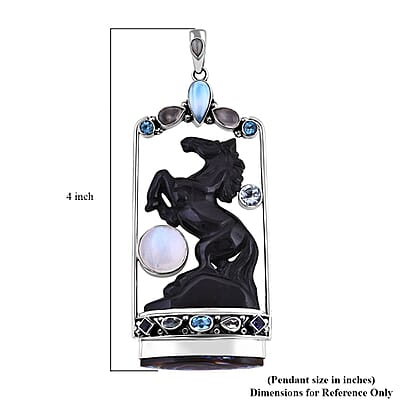 Sajen Silver Rainbow Obsidian Carved and Multi Gemstone Horse Pendant in Sterling Silver 80.90 ctw