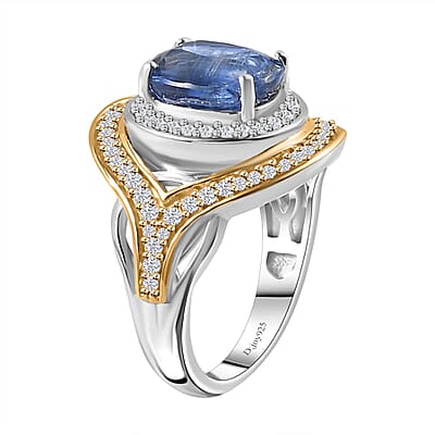 Premium Kashmir Kyanite and White Zircon Ring in Vermeil YG and Platinum Over Sterling Silver (Size 10.0) 4.30 ctw