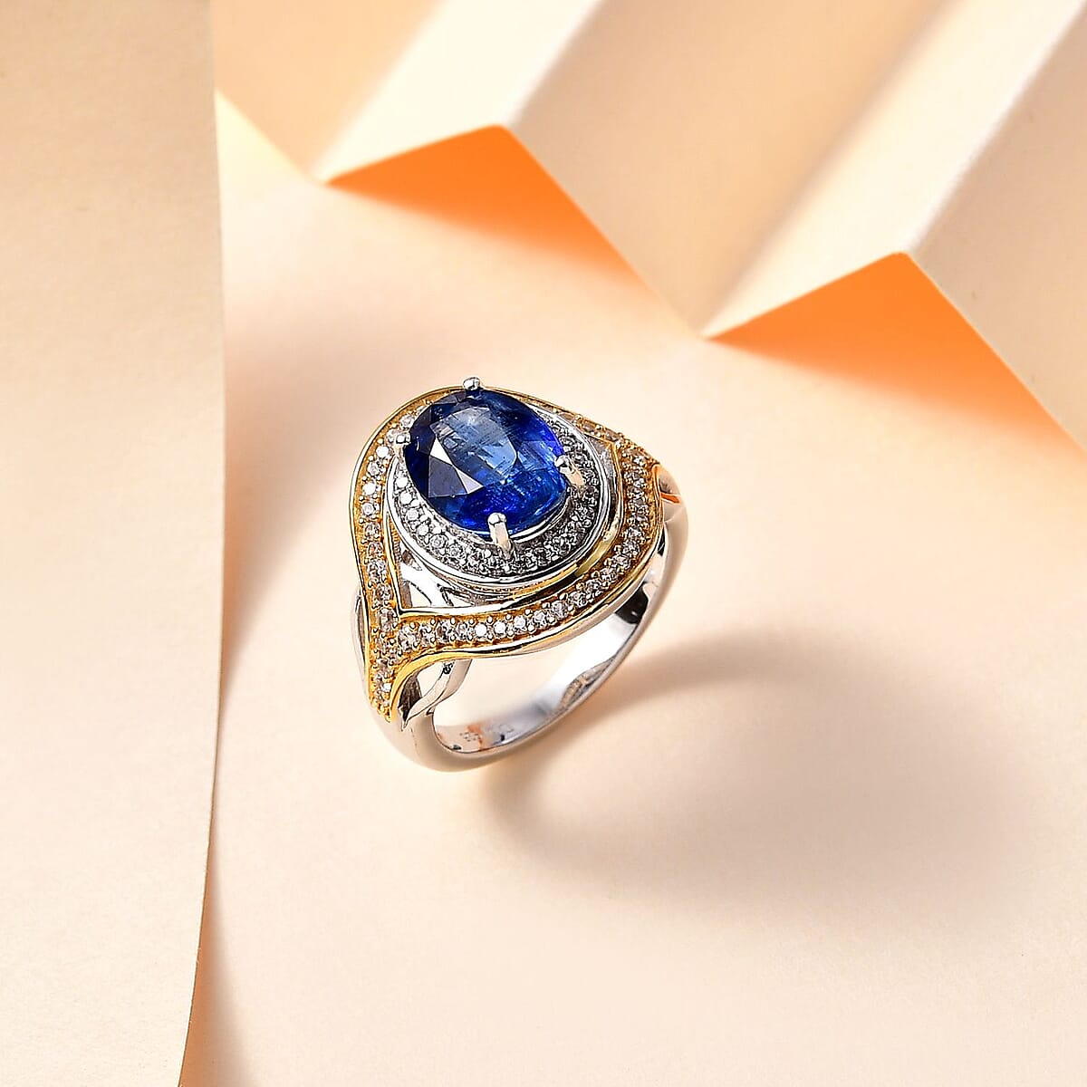 Premium Kashmir Kyanite and White Zircon Ring in Vermeil YG and Platinum Over Sterling Silver (Size 6.0) 4.30 ctw image number 1