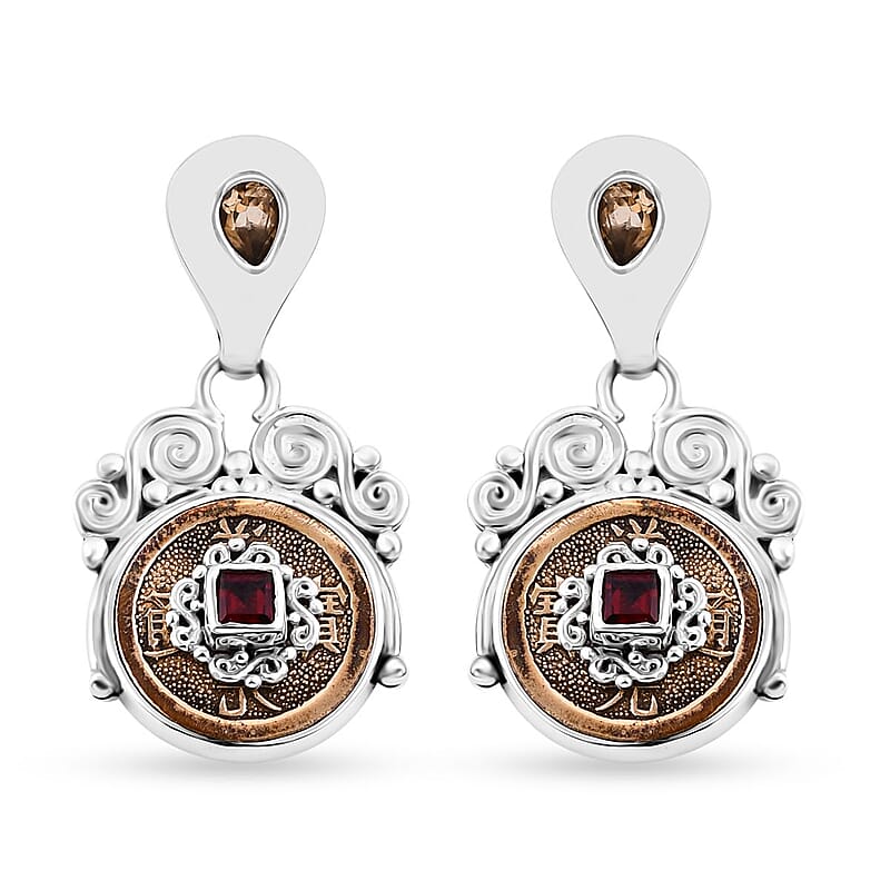 Sajen Silver Brazilian Citrine and Mozambique Garnet Coin Earrings in Sterling Silver 1.75 ctw