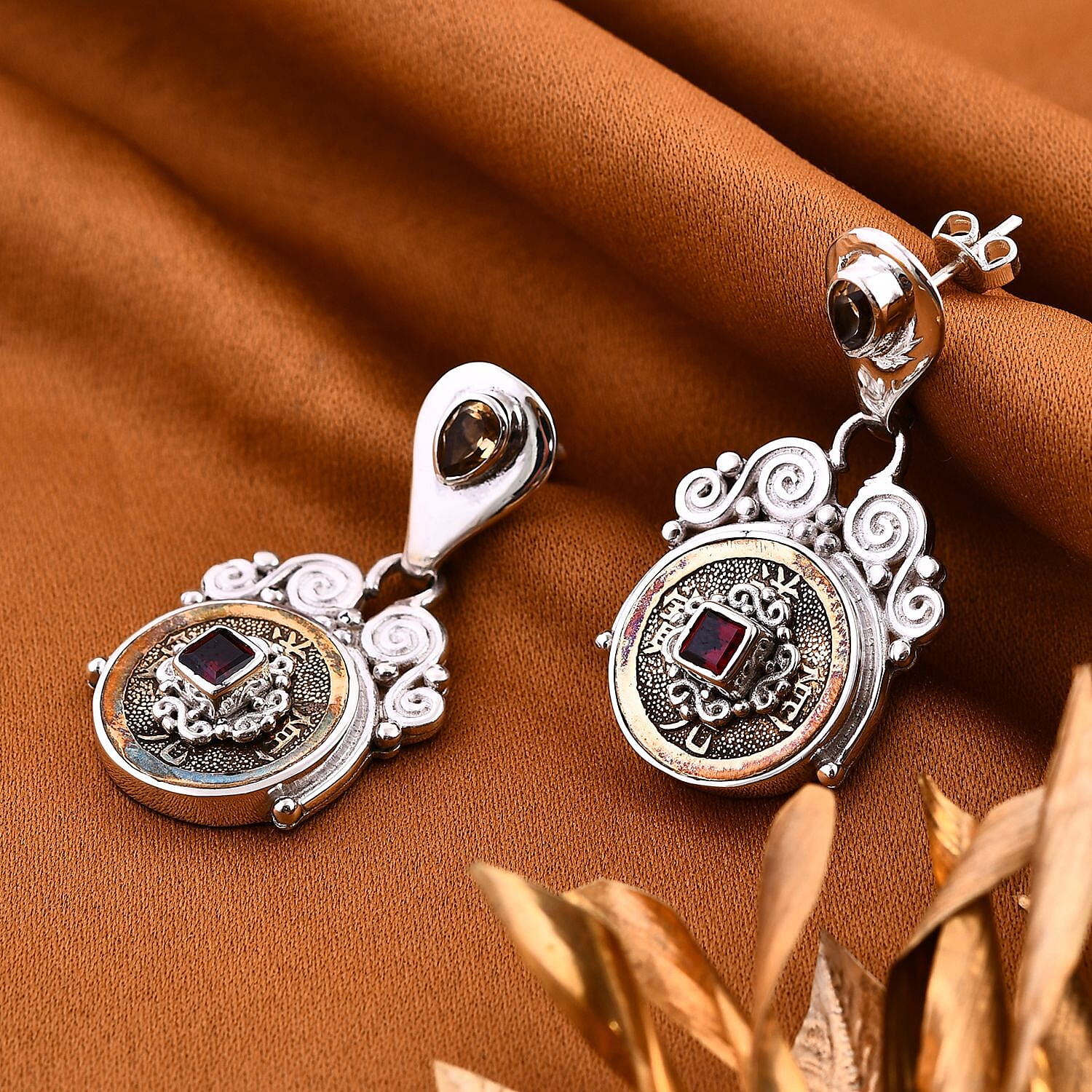 Sajen Silver Brazilian Citrine and Mozambique Garnet Coin Earrings in Sterling Silver 1.75 ctw