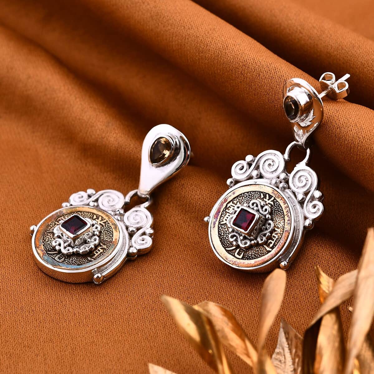 Sajen Silver Brazilian Citrine and Mozambique Garnet Coin Earrings in Sterling Silver 1.75 ctw image number 1