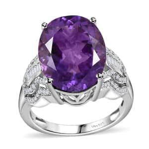 Premium Moroccan Amethyst and White Zircon Ring in Rhodium Over Sterling Silver (Size 10.0) 9.35 ctw