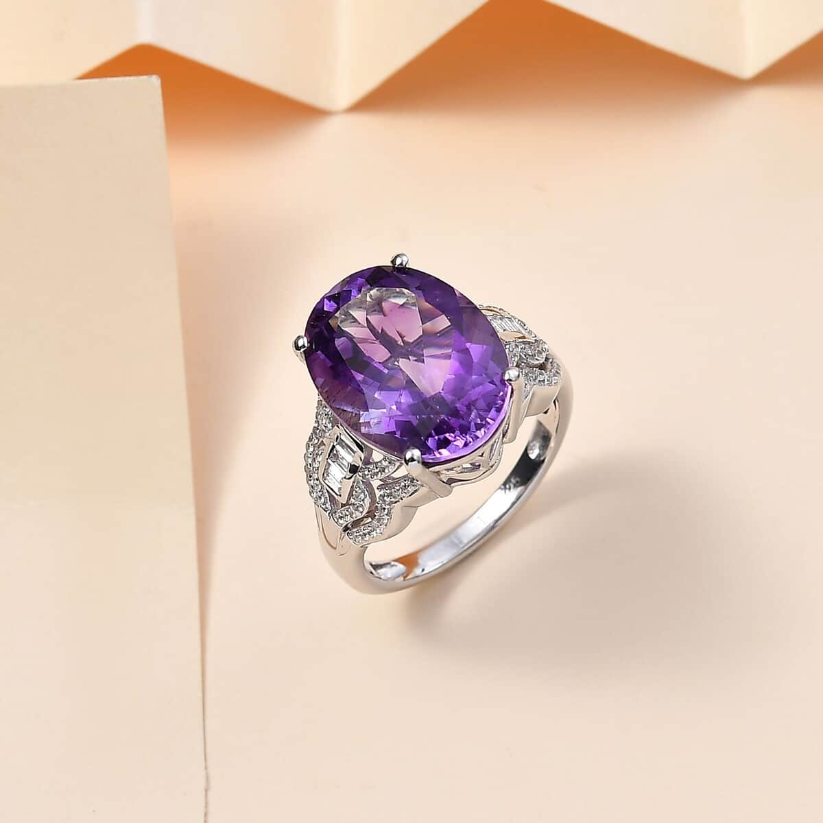 Premium Moroccan Amethyst and White Zircon Ring in Rhodium Over Sterling Silver (Size 10.0) 9.35 ctw image number 1