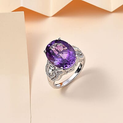 Premium Moroccan Amethyst and White Zircon Ring in Rhodium Over Sterling Silver (Size 10.0) 9.35 ctw