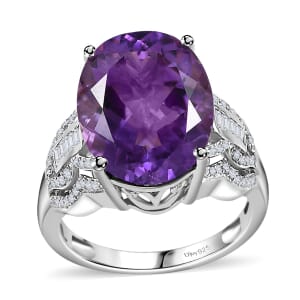 Premium Moroccan Amethyst and White Zircon Ring in Rhodium Over Sterling Silver (Size 6.0) 9.35 ctw