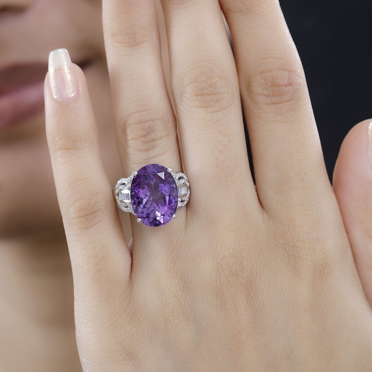 Premium Moroccan Amethyst and White Zircon Ring in Rhodium Over Sterling Silver (Size 7.0) 9.35 ctw image number 2