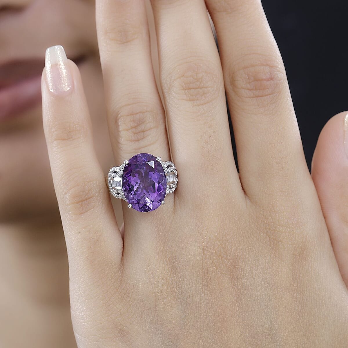 Premium Moroccan Amethyst and White Zircon Ring in Rhodium Over Sterling Silver (Size 8.0) 9.35 ctw image number 2