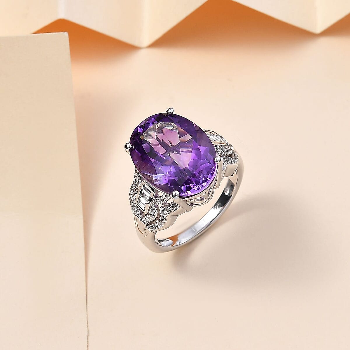Premium Moroccan Amethyst and White Zircon Ring in Rhodium Over Sterling Silver (Size 9.0) 9.35 ctw image number 1