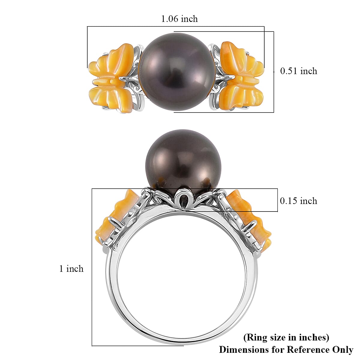 Tahitian Cultured Pearl and Yellow Mother Of Pearl Butterfly Ring in Rhodium Over Sterling Silver (Size 6.0) image number 5