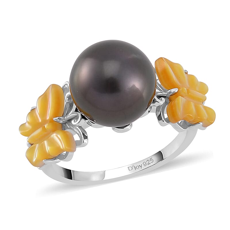 Tahitian Cultured Pearl and Yellow Mother Of Pearl Butterfly Ring in Rhodium Over Sterling Silver (Size 7.0)